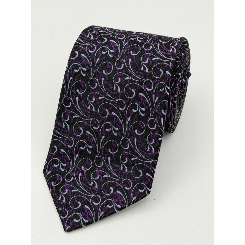 Vintage Claiborne Men’s Silk Necktie Scroll Floral Purple Black Wide Tie